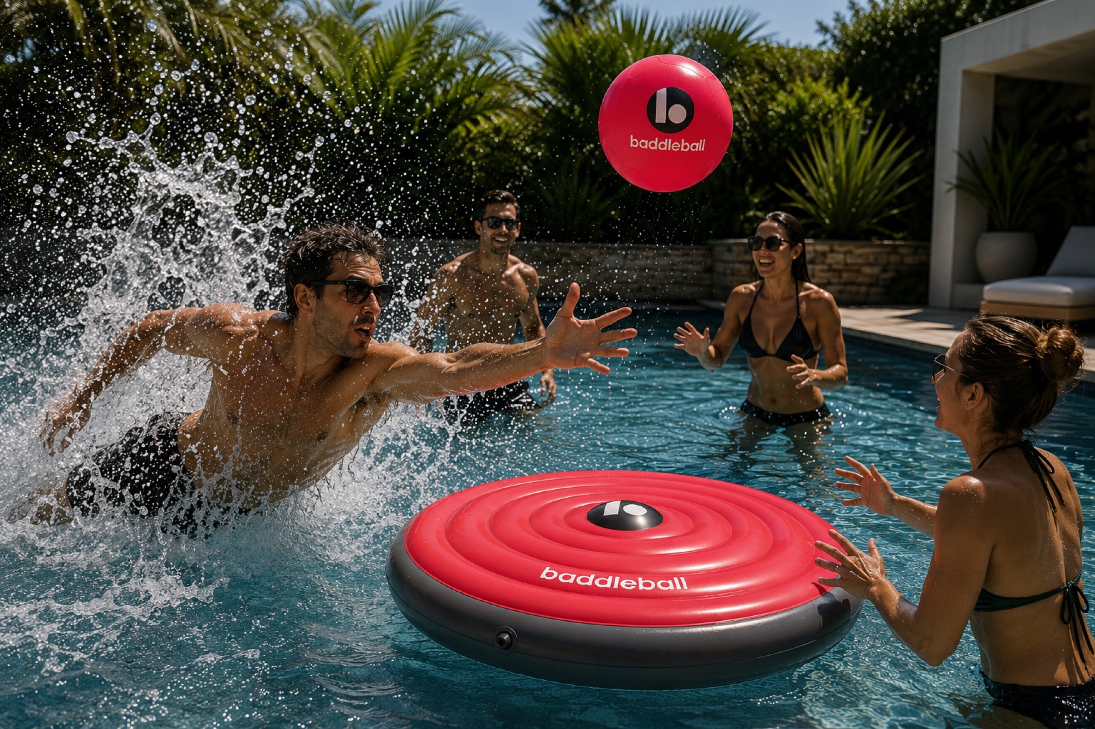 Four players rally around the baddleball board in a pool